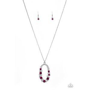 Rhodium Plated Oval Pendant Necklace & Earrings Set With Pink & Clear Crystals